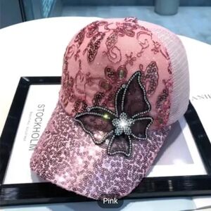 New pink butterfly woman's baseball cap hat sequin sparkle adjustable